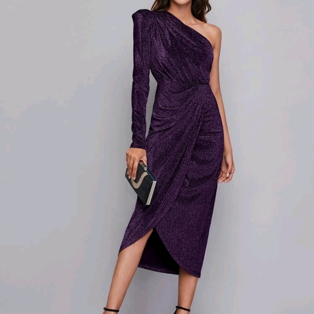 Purple one shoulder wrap hem dress